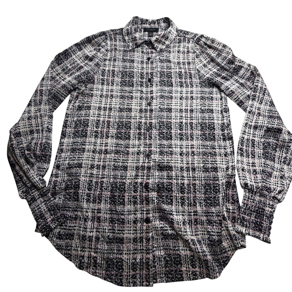 Tamara H. Womens Black Pink Plaid Smocked Cuff Button Down Blouse XS